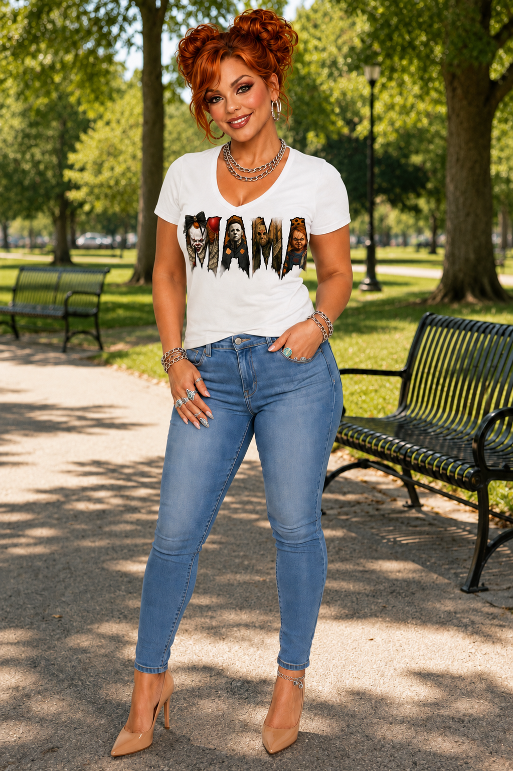MAMA horror-icons v-neck tee worn in a park