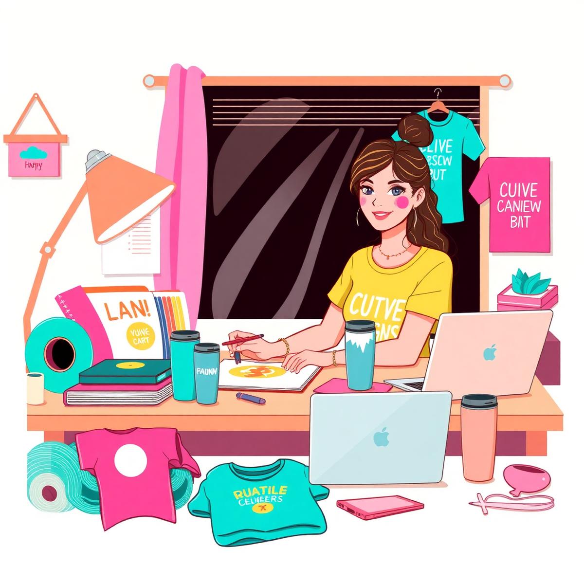 Illustration of Cece at her colorful design studio